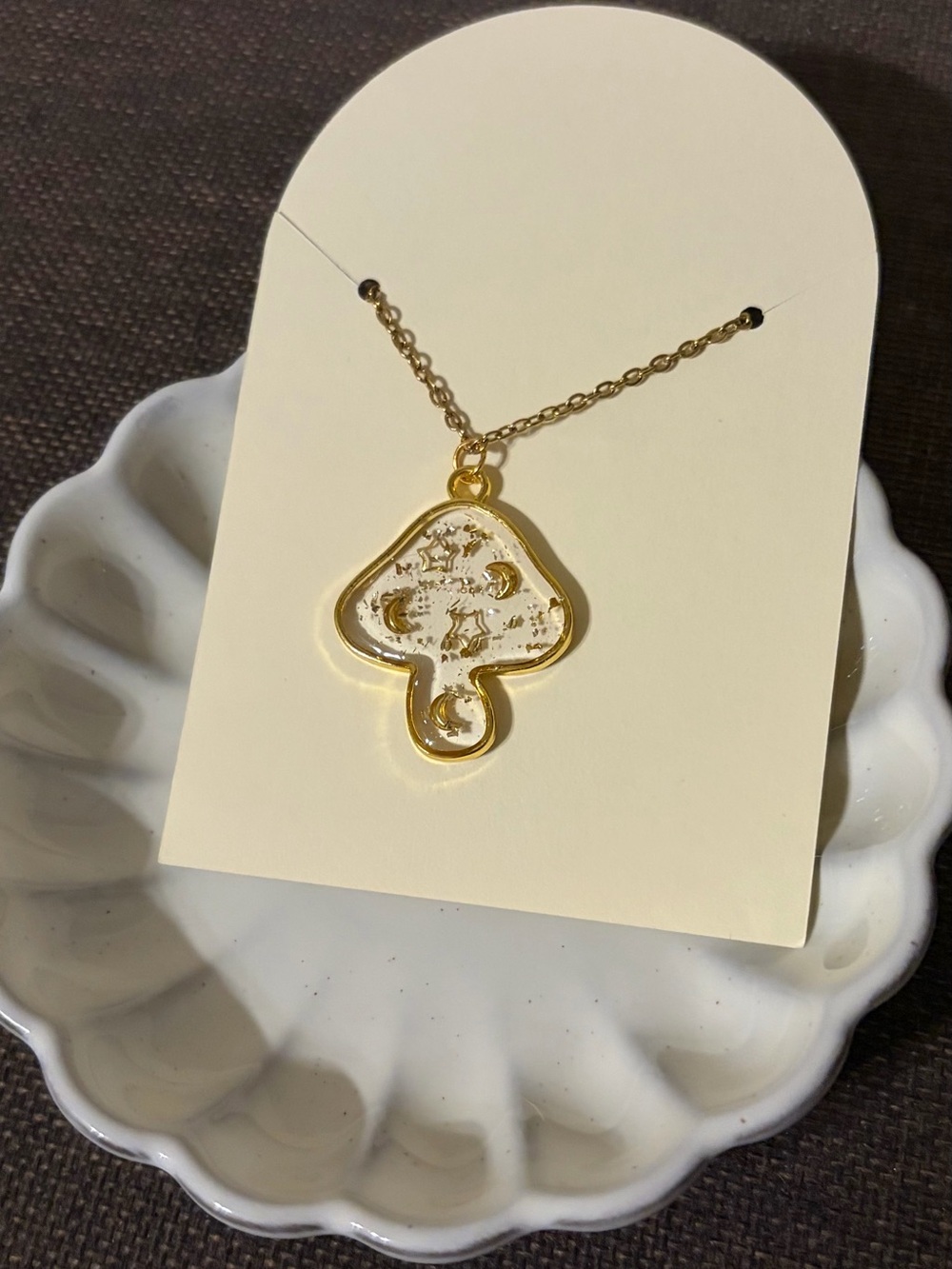 Gold Mushroom Resin Pendant Necklace with Moon and Stars